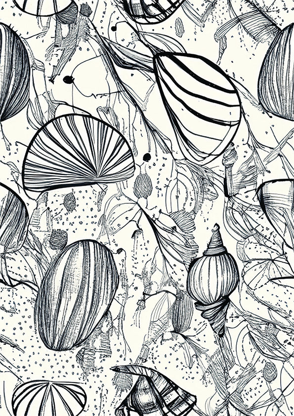 shells unique wall art print, abstract coastal sketch featuring shells.