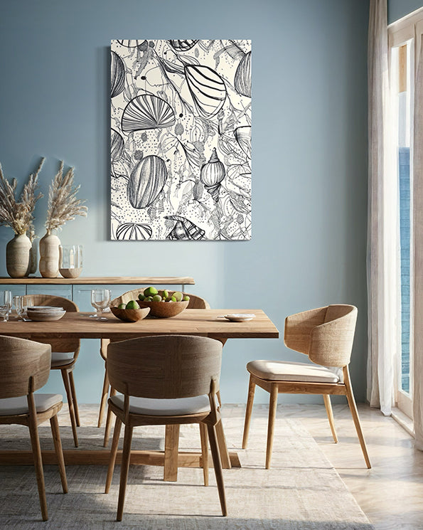 shells unique wall art print, abstract coastal sketch featuring shells.  Wall art in living room.