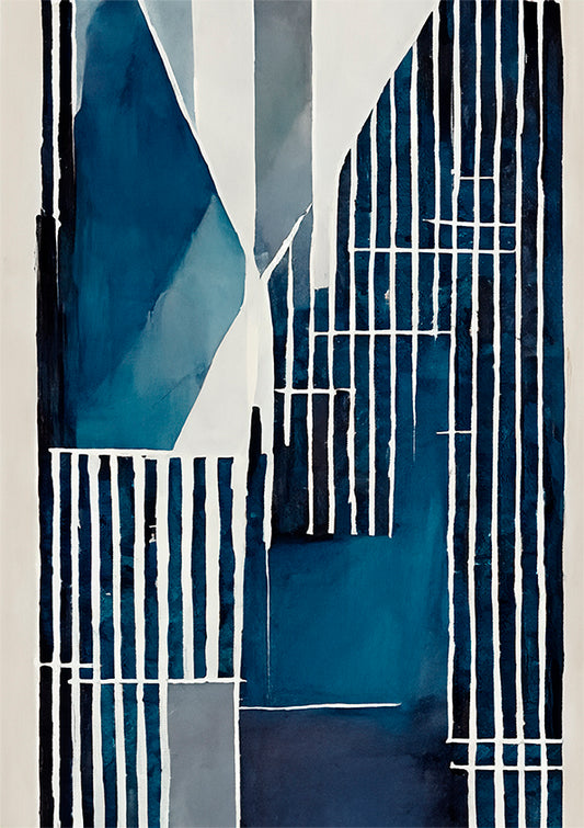 abstract unique digital art file with blue grey and white rhythmic lines and geometric shapes