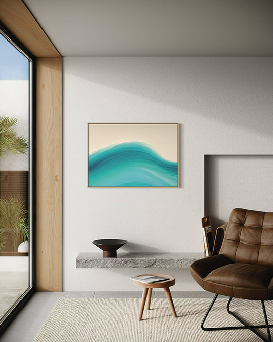 swell unique wall art print, coastal abstract wave in blue and aqua tones. art print hanging in modern executive living room.