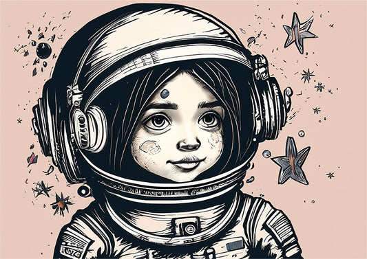 Australian Wall Art prints, girl astronaut with stars on light pink background