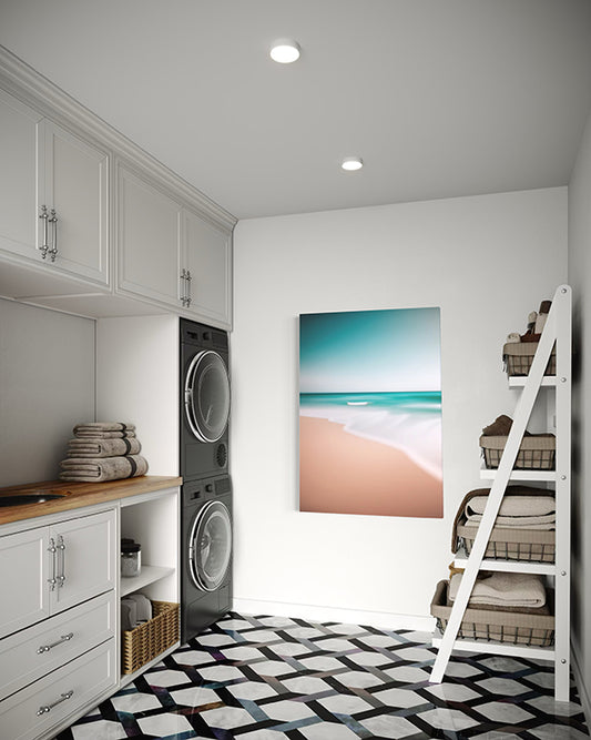 Unique Wall Art print, white wash, encapsulates the clean, fresh energy of the ocean as it meets the shore.  wall art print hanging in laundry room.