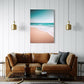 Unique Wall Art print, white wash, encapsulates the clean, fresh energy of the ocean as it meets the shore. Wall art print hanging in living room.