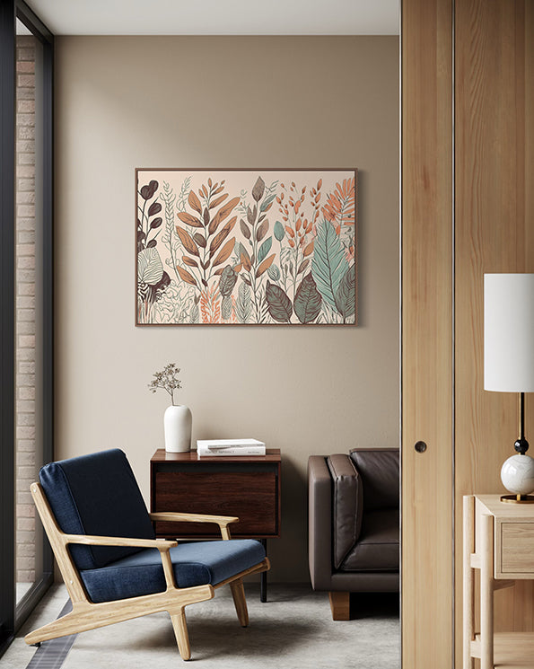 Australian Wall Art prints Botanical Wall Art in earthy colours leaves in neutral tones. digital art print in living room