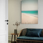 Aqua Dreams Unique Wall Art coastal abstract artwork of shoreline in aqua and white. Unique Wall art in living room.