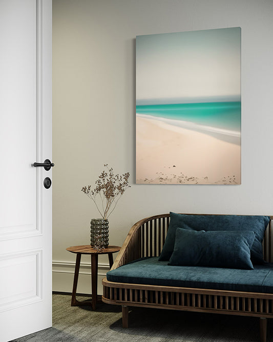 Aqua Dreams Unique Wall Art coastal abstract artwork of shoreline in aqua and white. Unique Wall art in living room.