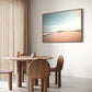 Australian wall art in canvas float frame hanging in a high end living room above a dining table and chairs.