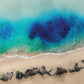 abstract coastal wall art print, ocean and sand from areal view.