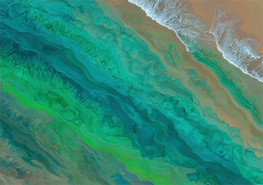 abstract coastal wall art print.  Aerial view of the ocean waves crashing on the shore.