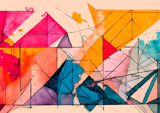 abstract wall art named tilted.  artwork described as bright colours and lines in geometric shapes overlapping to form a visually pleasing artwork.  artwork available as a digital download or physical artwork.