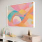 whimsical pastel abstract digital wall art handing in playroom