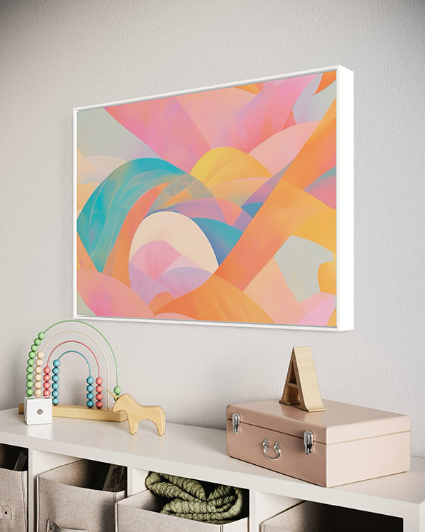 whimsical pastel abstract digital wall art handing in playroom