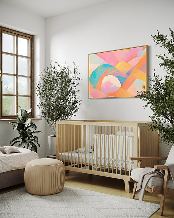 whimsical pastel abstract digital wall art hanging in kids room