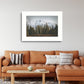 Landscape Photography Wall Art Print, snow capped mountains and pine trees nature photography in a white frame.  Wall Art in living room