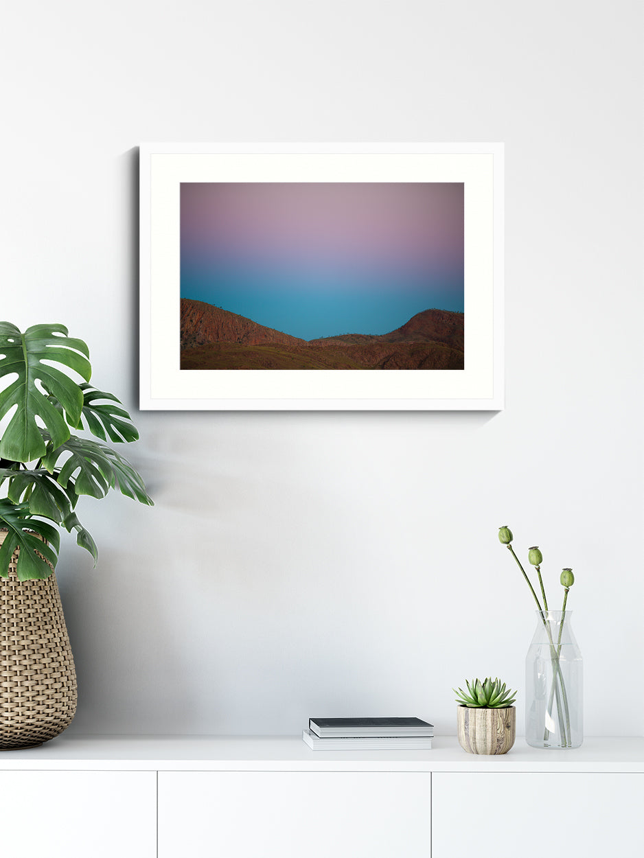 Wall Art Print, Australian Landscape Photography, Nature Photography White Framed, purple and blue mountain