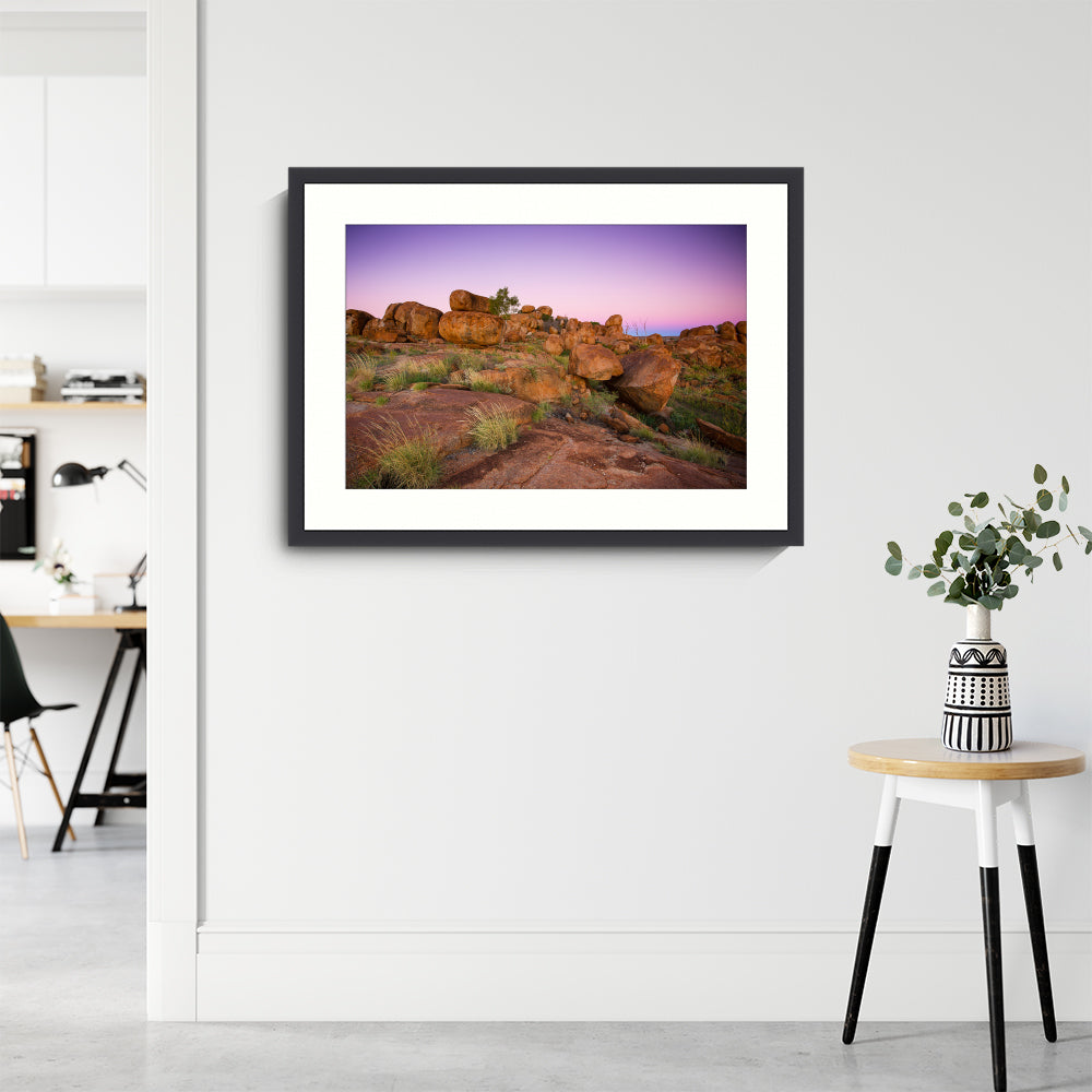 Australian Landscape Photograph, Nature Photography, Wall Art Print, Purple and Pink Rocks, black framed