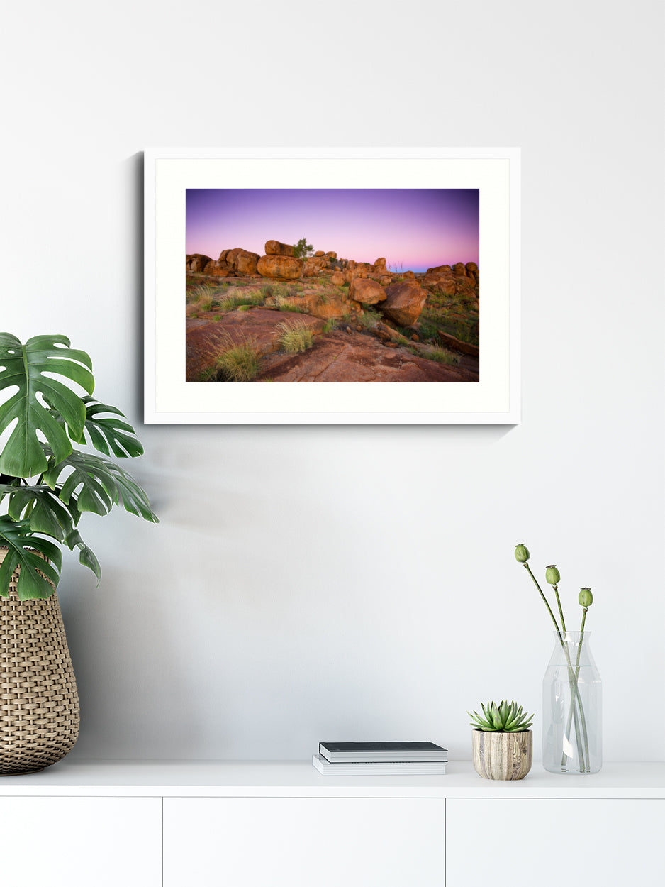 Australian Landscape Photograph, Nature Photography, Wall Art Print, Purple and Pink Rocks, white framed